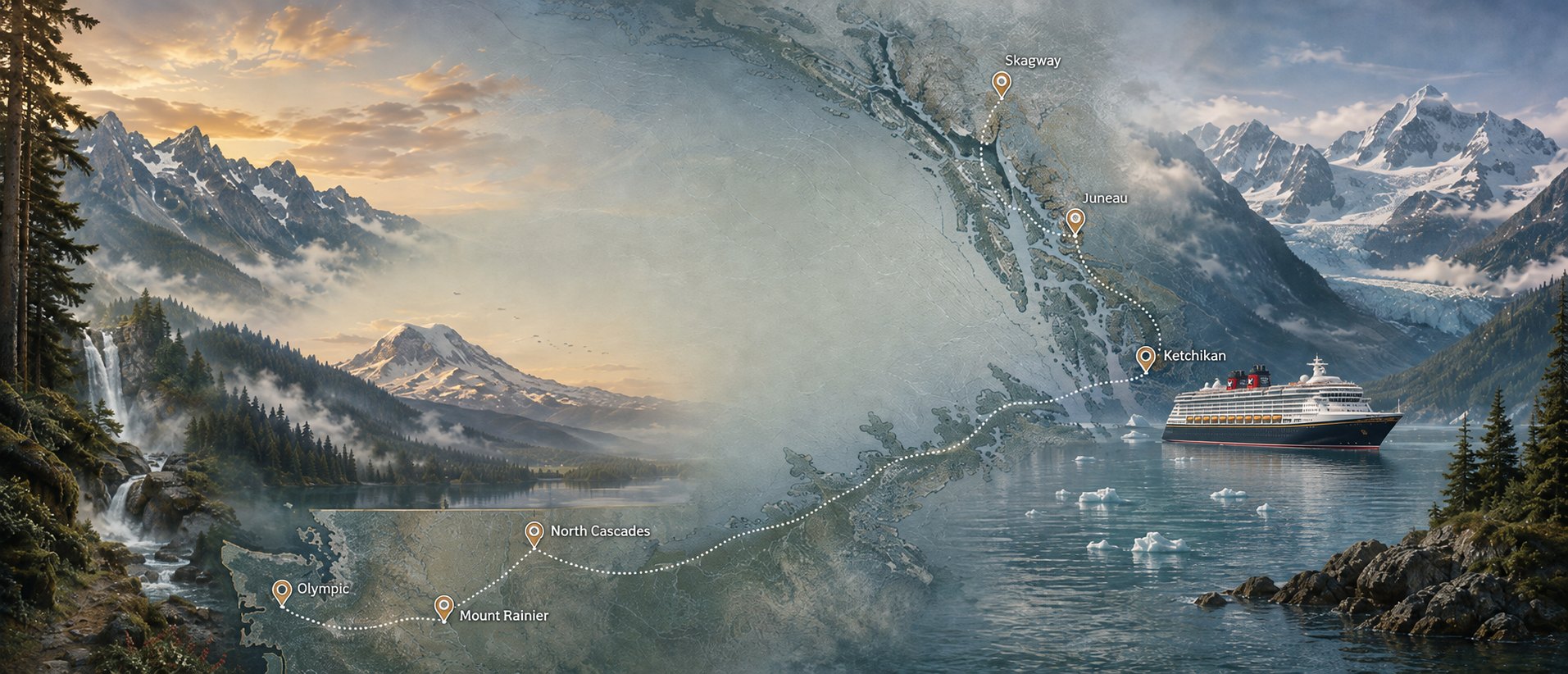 Illustrated panorama of the route: Olympic, Mount Rainier, and North Cascades in Washington, then north up the Inside Passage to Ketchikan, Juneau, and Skagway, with a Disney cruise ship at anchor.